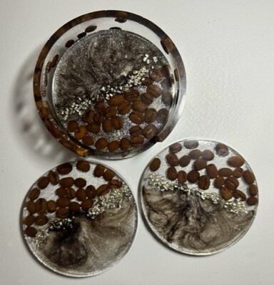 Brown Resin Coaster Set with Coffee Beans - image1